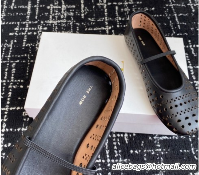 Discount The Row Elastic Ballet Flat in Openwork Leather Black 0604088