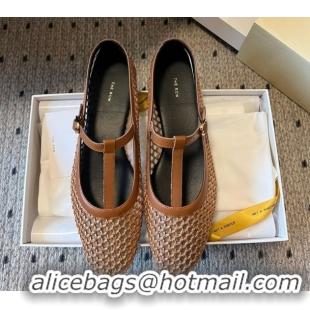 Low Price The Row T-Strap Flat Shoes in Woven Mesh Brown 0604090