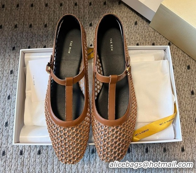 Low Price The Row T-Strap Flat Shoes in Woven Mesh Brown 0604090