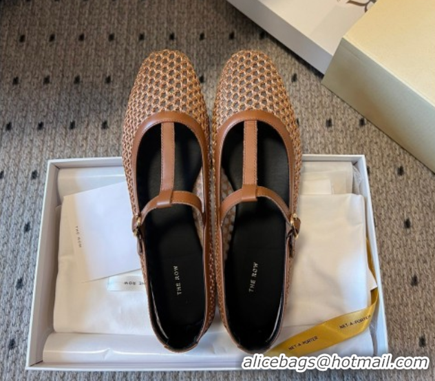 Low Price The Row T-Strap Flat Shoes in Woven Mesh Brown 0604090
