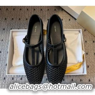 Popular Style The Row T-Strap Flat Shoes in Woven Mesh Black 0604091