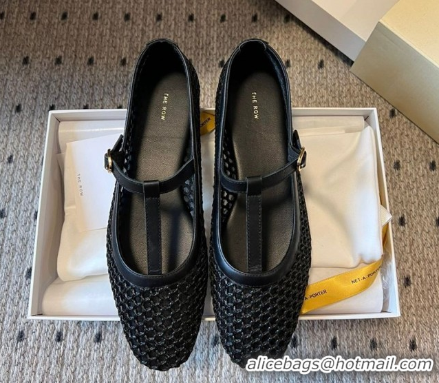 Popular Style The Row T-Strap Flat Shoes in Woven Mesh Black 0604091