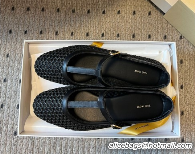 Popular Style The Row T-Strap Flat Shoes in Woven Mesh Black 0604091