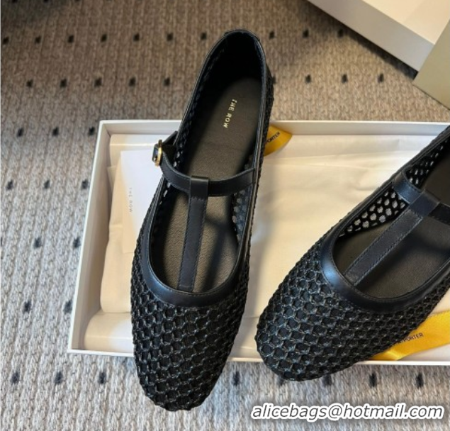Popular Style The Row T-Strap Flat Shoes in Woven Mesh Black 0604091