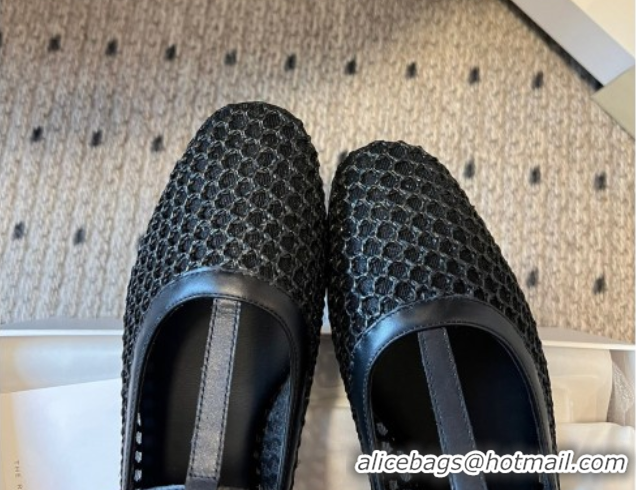 Popular Style The Row T-Strap Flat Shoes in Woven Mesh Black 0604091