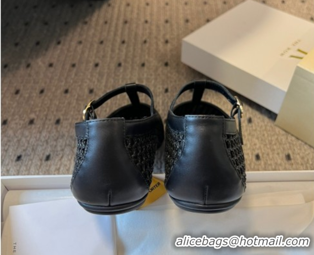 Popular Style The Row T-Strap Flat Shoes in Woven Mesh Black 0604091