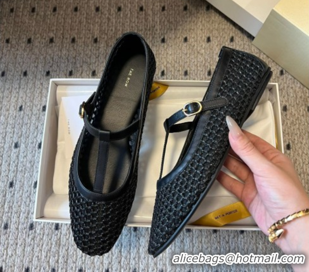 Popular Style The Row T-Strap Flat Shoes in Woven Mesh Black 0604091