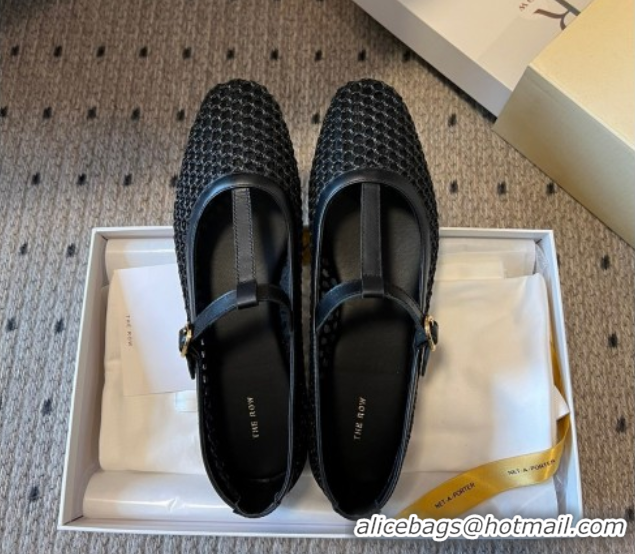 Popular Style The Row T-Strap Flat Shoes in Woven Mesh Black 0604091