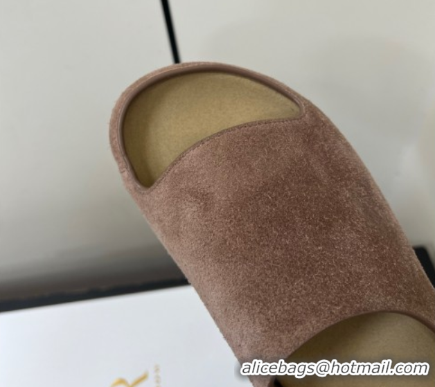 Luxury The Row Suede Platform Slides Sandal Taupe 0604100