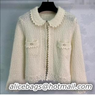 Best Quality Chanel Lace Trim Cardigan CH110666 White 2025