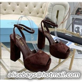 Super Quality Prada Suede Platform Heel Sandals 12cm PR102707 Dark Brown 2025