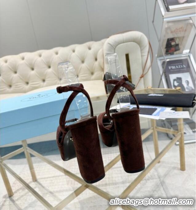 Super Quality Prada Suede Platform Heel Sandals 12cm PR102707 Dark Brown 2025