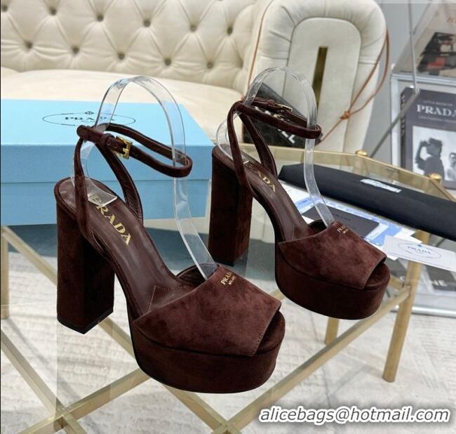 Super Quality Prada Suede Platform Heel Sandals 12cm PR102707 Dark Brown 2025