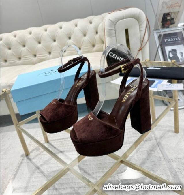 Super Quality Prada Suede Platform Heel Sandals 12cm PR102707 Dark Brown 2025