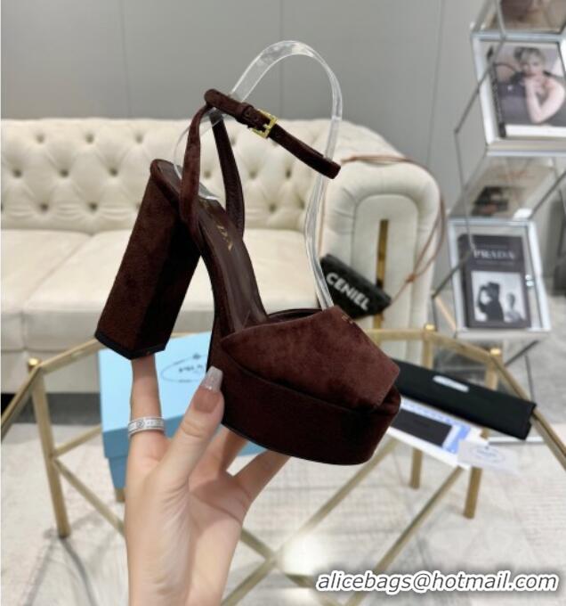 Super Quality Prada Suede Platform Heel Sandals 12cm PR102707 Dark Brown 2025