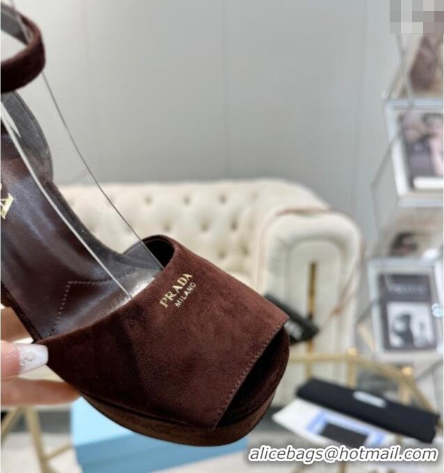 Super Quality Prada Suede Platform Heel Sandals 12cm PR102707 Dark Brown 2025