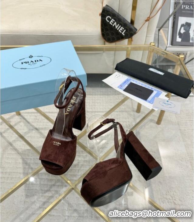 Super Quality Prada Suede Platform Heel Sandals 12cm PR102707 Dark Brown 2025