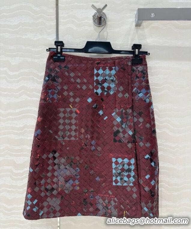 Top Grade Bottega Veneta Printed Intrecciato Lambskin Leather Skirt 0814 Burgundy 2025