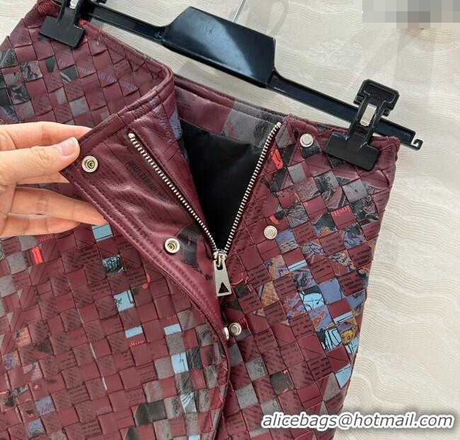 Top Grade Bottega Veneta Printed Intrecciato Lambskin Leather Skirt 0814 Burgundy 2025