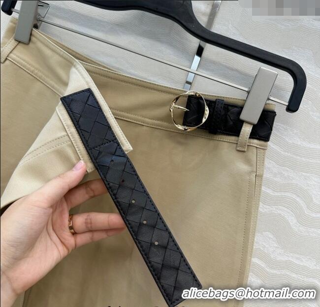 Luxury Cheap Bottega Veneta Cotton Skirt with Lambskin Leather Belt 1106 Khaki 2025