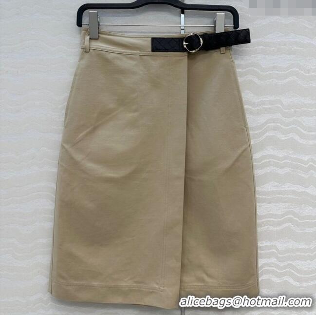 Luxury Cheap Bottega Veneta Cotton Skirt with Lambskin Leather Belt 1106 Khaki 2025