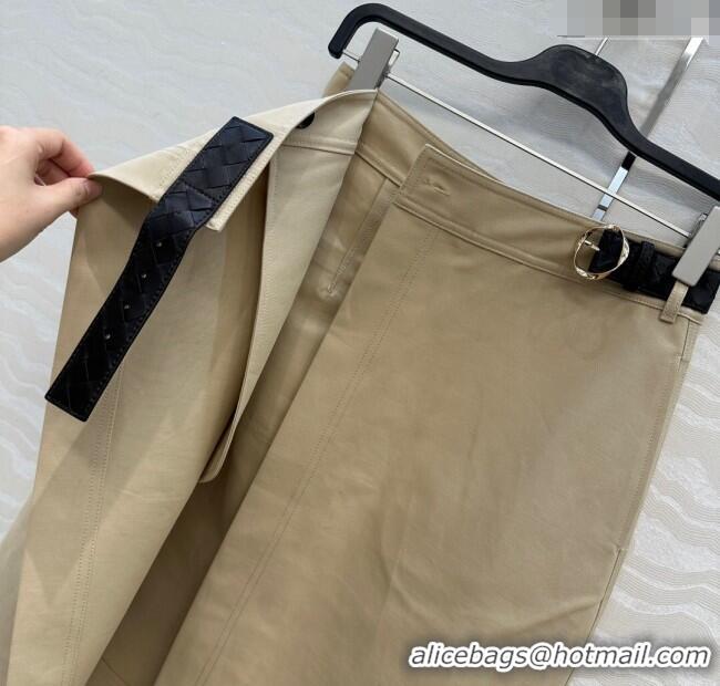 Luxury Cheap Bottega Veneta Cotton Skirt with Lambskin Leather Belt 1106 Khaki 2025