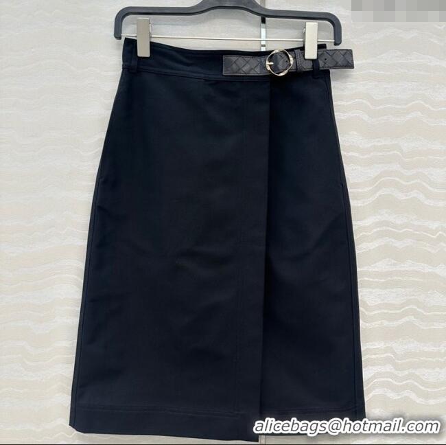 Luxury Discount Bottega Veneta Cotton Skirt with Lambskin Leather Belt 1106 Black 2025