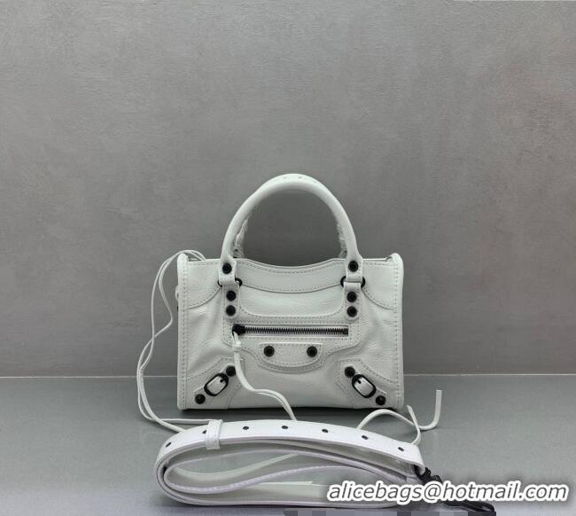Luxury Cheap Balenciaga Le City Mini Bag in Arena Storico lambskin B9006 Optic White/Black hardware 2025