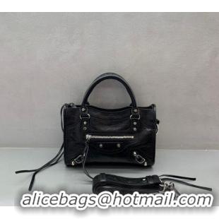 Stylish Cheap Balenciaga Le City Mini Bag in Arena Storico lambskin B9006 Black shiny silver hardware 2025