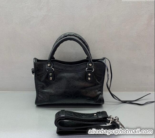 Stylish Cheap Balenciaga Le City Mini Bag in Arena Storico lambskin B9006 Black shiny silver hardware 2025
