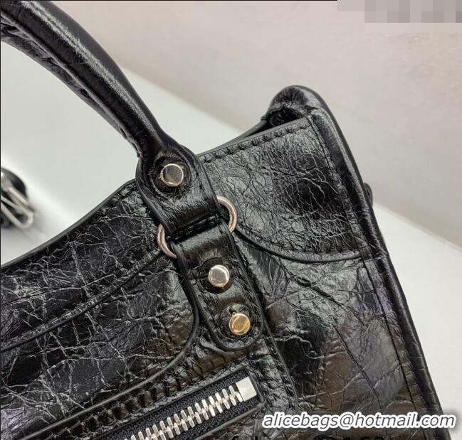 Stylish Cheap Balenciaga Le City Mini Bag in Arena Storico lambskin B9006 Black shiny silver hardware 2025