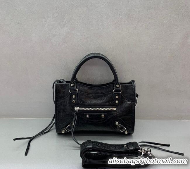 Stylish Cheap Balenciaga Le City Mini Bag in Arena Storico lambskin B9006 Black shiny silver hardware 2025