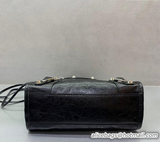 Stylish Cheap Balenciaga Le City Mini Bag in Arena Storico lambskin B9006 Black shiny silver hardware 2025