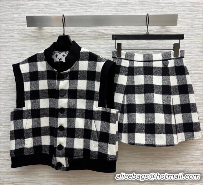 Buy Classic Louis Vuitton Plaid Vest and Mini Skirt Set 0904 Black/White 2025