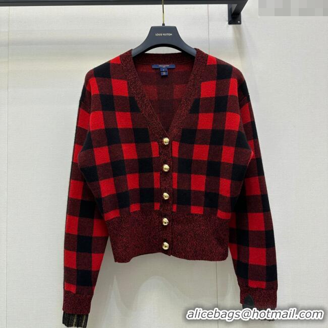 Grade Quality Louis Vuitton Wool Cashmere Blend Check Cardigan 1014 Red 2025