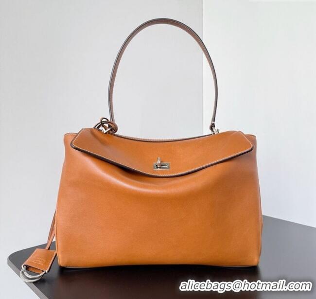 Luxury Classic Balenciaga Rodeo Medium Handbag in smooth calfskin 78972 brown yellow With aged-silver hardware 2025