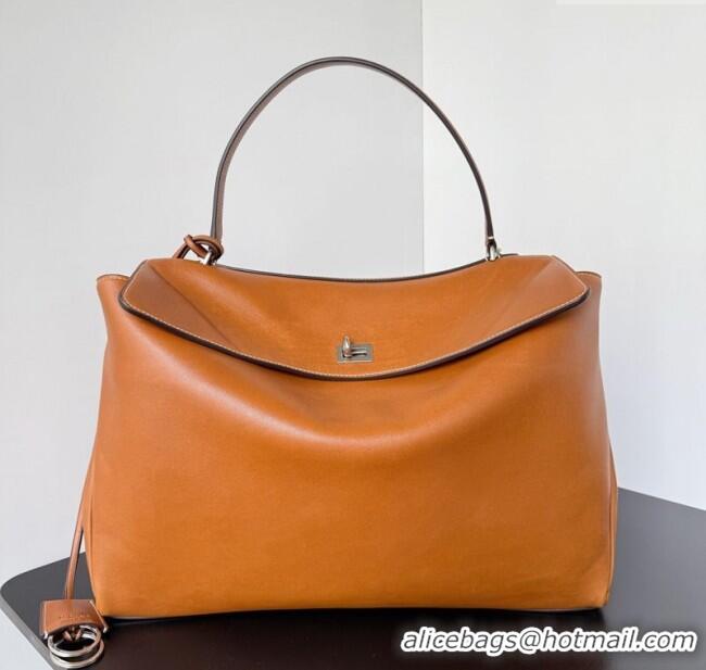 Buy Classic Balenciaga Rodeo Large Handbag in smooth calfskin 78972 brown yellow With aged-silver hardware 2025