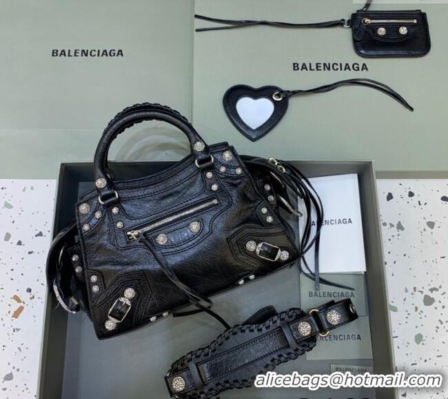 Spot Bulk Balenciaga Neo Cagole XS Lambskin Top Handle Bag with Crystal 638515 Black 2025