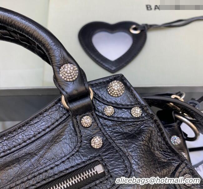 Spot Bulk Balenciaga Neo Cagole XS Lambskin Top Handle Bag with Crystal 638515 Black 2025