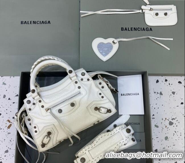 Classic Cheap Balenciaga Neo Cagole XS Lambskin Top Handle Bag 638515 White/Aged Silver 2025