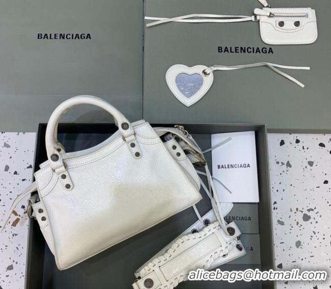 Classic Cheap Balenciaga Neo Cagole XS Lambskin Top Handle Bag 638515 White/Aged Silver 2025