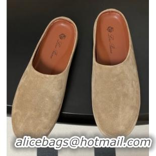 Sumptuous Loro Piana Tomori Sabot Flat Mules in Suede Brown Grey 0827006