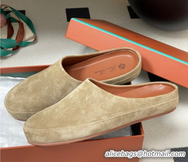 Sumptuous Loro Piana Tomori Sabot Flat Mules in Suede Brown Grey 0827006