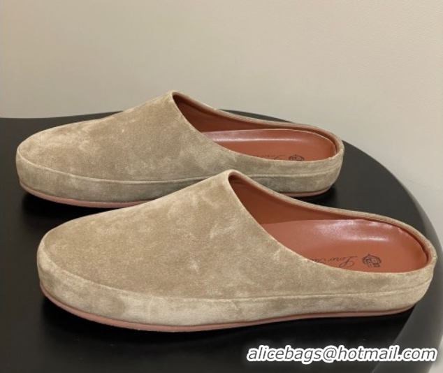 Sumptuous Loro Piana Tomori Sabot Flat Mules in Suede Brown Grey 0827006