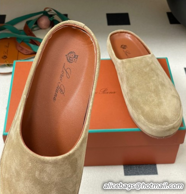 Sumptuous Loro Piana Tomori Sabot Flat Mules in Suede Brown Grey 0827006