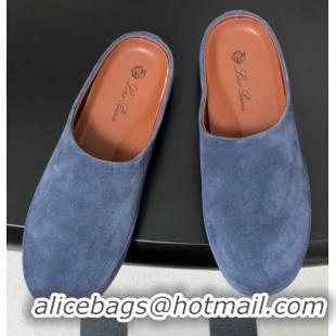 Modern Loro Piana Tomori Sabot Flat Mules in Suede Blue 0827008