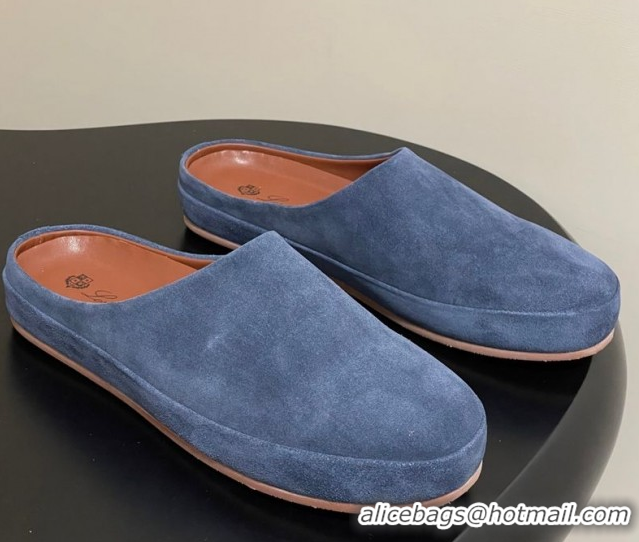 Modern Loro Piana Tomori Sabot Flat Mules in Suede Blue 0827008