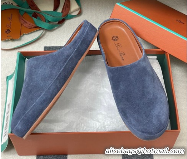 Modern Loro Piana Tomori Sabot Flat Mules in Suede Blue 0827008