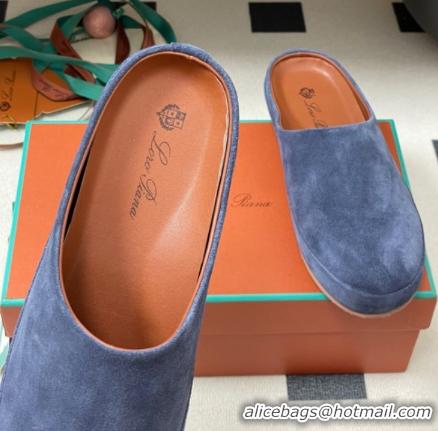 Modern Loro Piana Tomori Sabot Flat Mules in Suede Blue 0827008