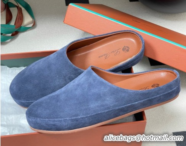 Modern Loro Piana Tomori Sabot Flat Mules in Suede Blue 0827008